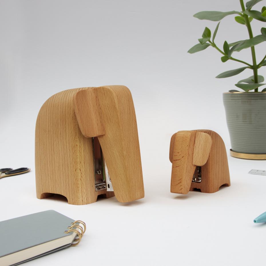 Large and Small Mama and Baby Wooden Elephant Staplers